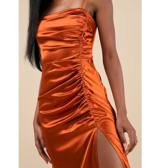 Lulus Luxurious Marvel Rust Orange Satin Ruched Column Maxi Dress Medium NWOT - Picture 8 of 14